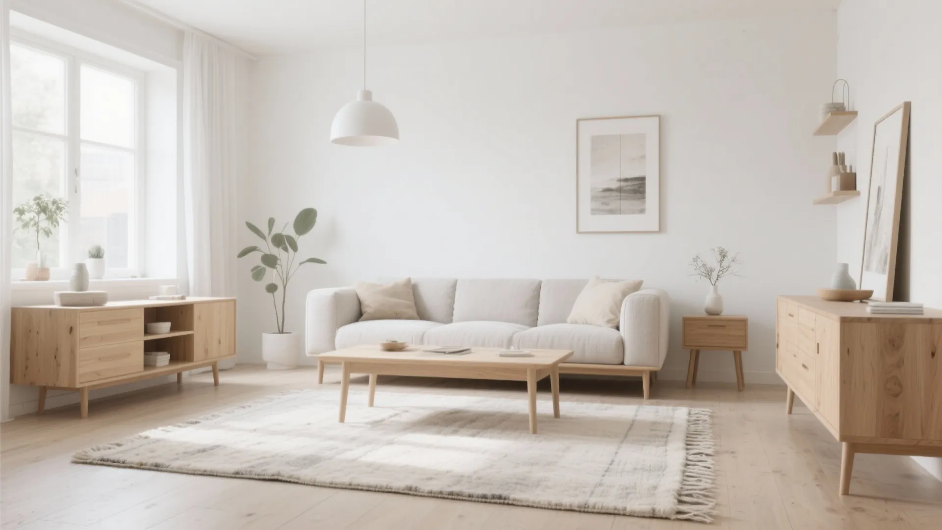 Scandinavian style living room with pale wool 5x10 rug