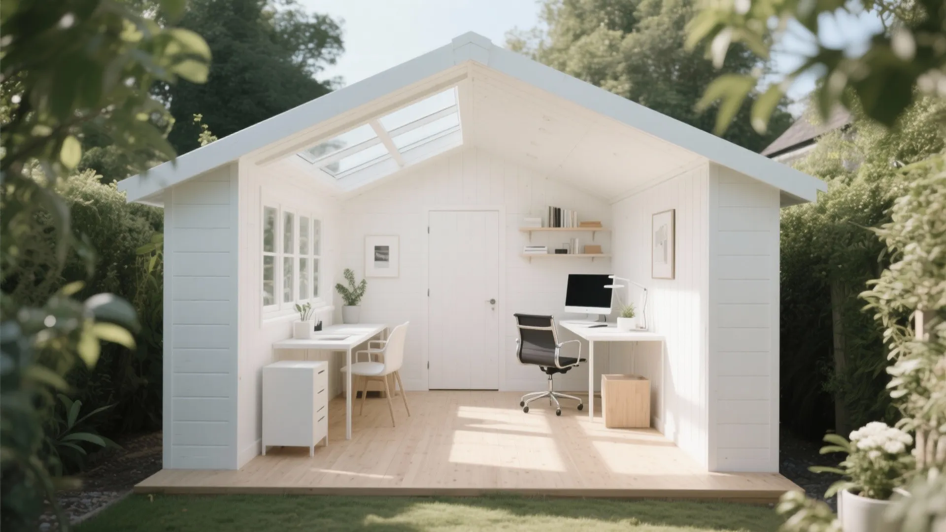 Scandinavian shed office with skylight and white decor