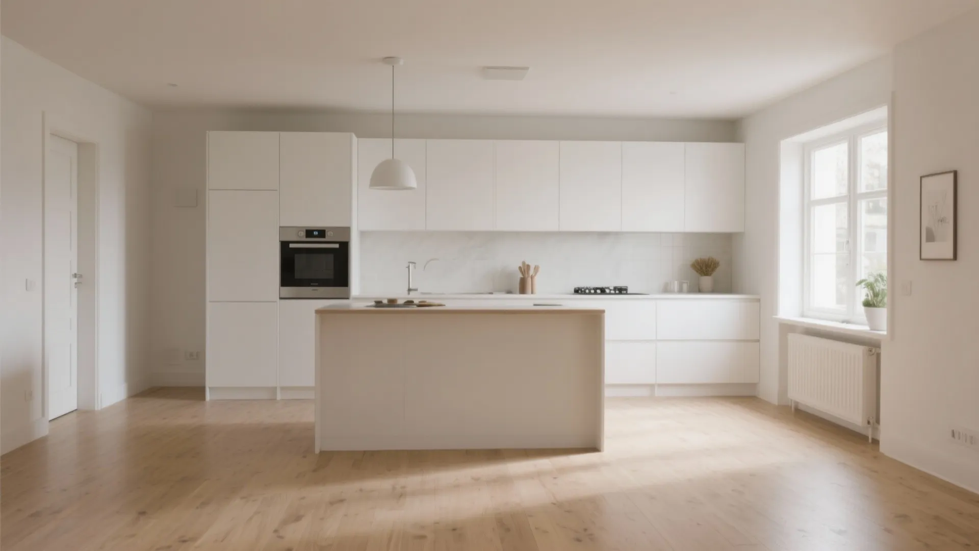 Minimalist Scandinavian kitchen with light wood and white cabinets