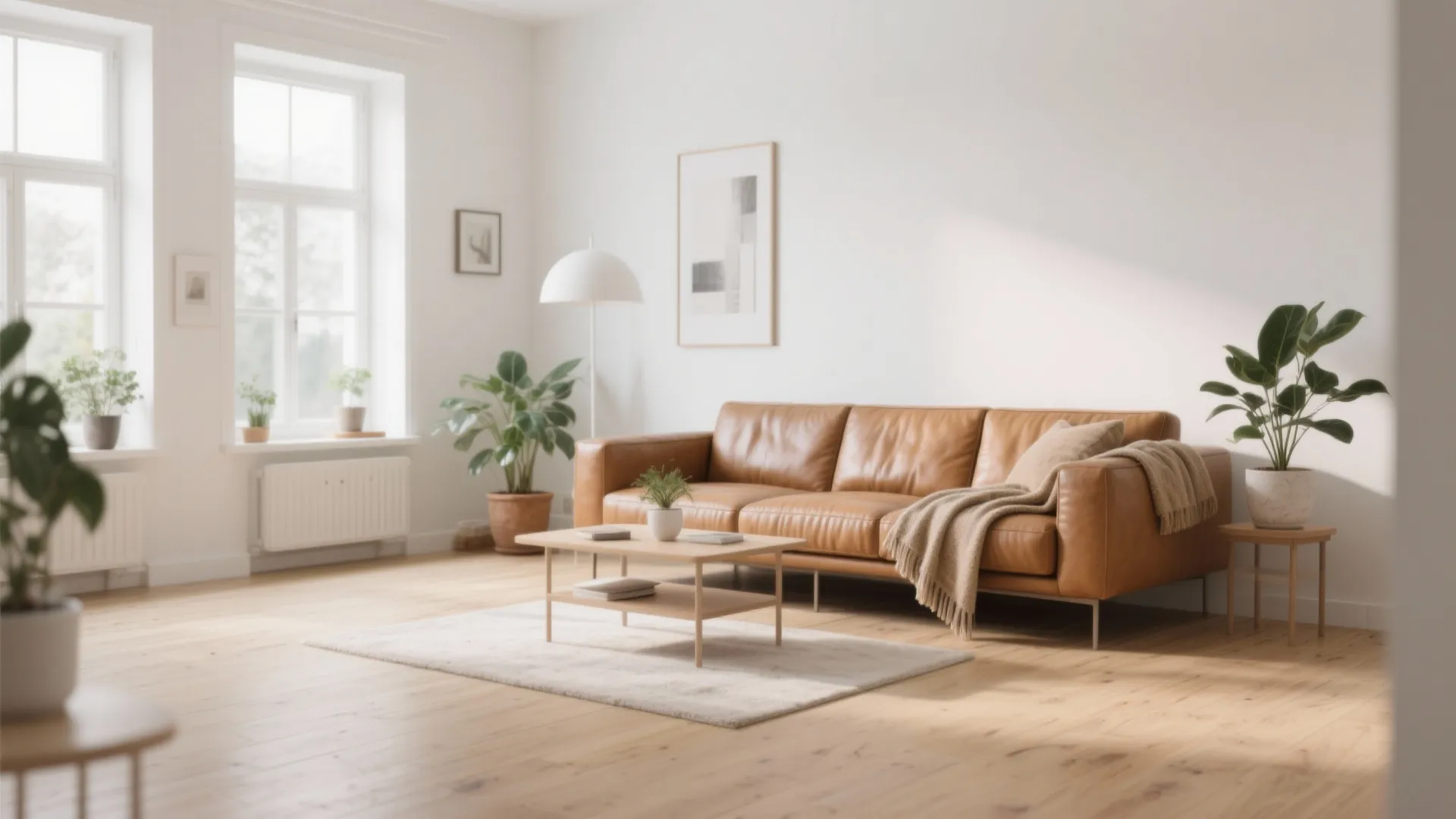 Scandinavian living room with tan leather sofa, wooden coffee table, white rug, and indoor potted plants