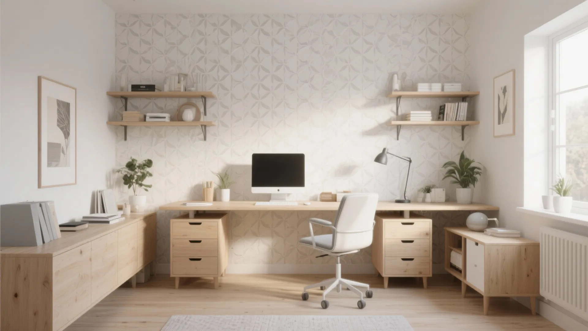 Minimal Scandinavian patterned wallpaper in a bright home office
