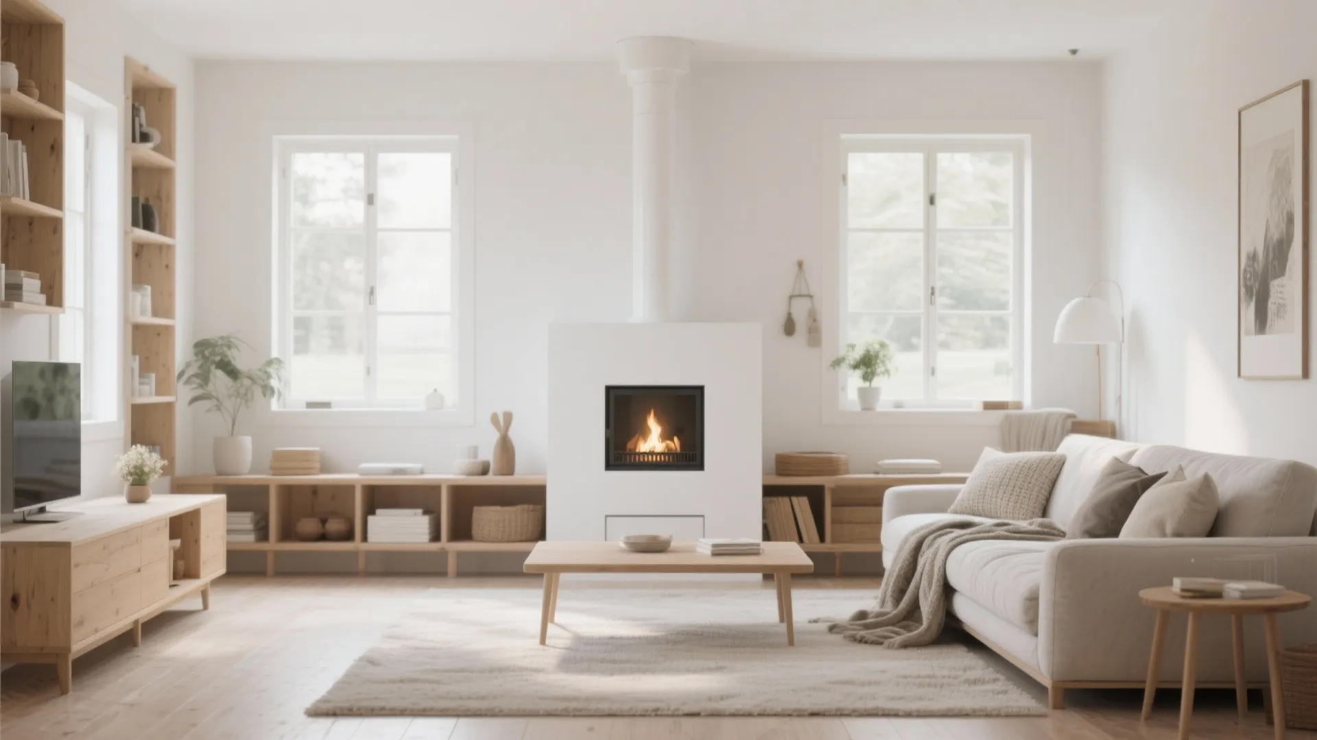 Bright minimalist living room with white fireplace, wooden furniture, cream sofa, rug and natural light