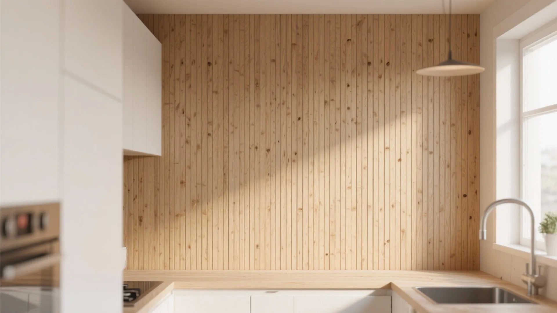 Minimalist kitchen featuring vertical light wood wall panels white cabinets and a simple black ceiling light