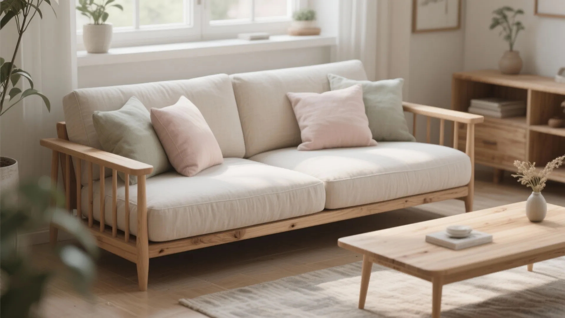 Bright room with wooden sofa light cushions pastel pillows low coffee table and potted plants
