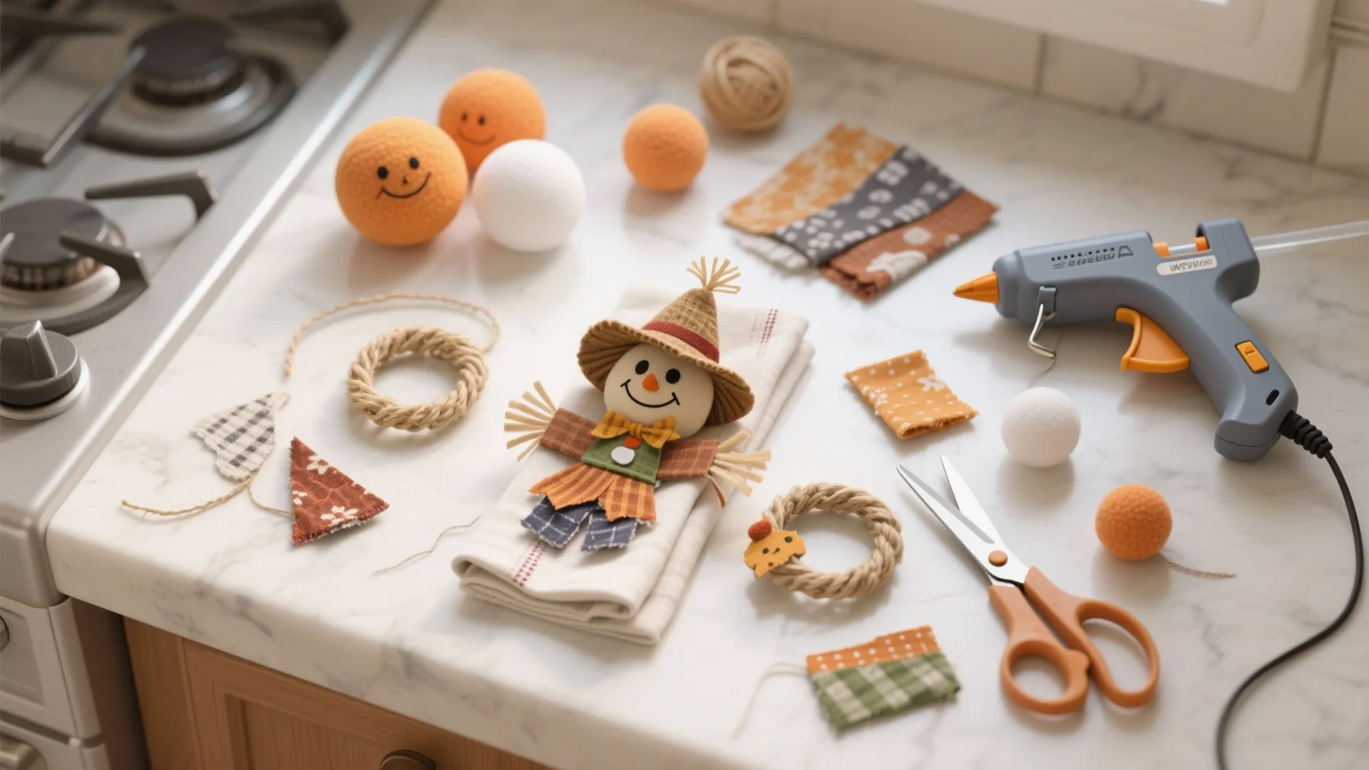 Craft supplies including glue gun scissors and small scarecrow figure on a white marble kitchen counter