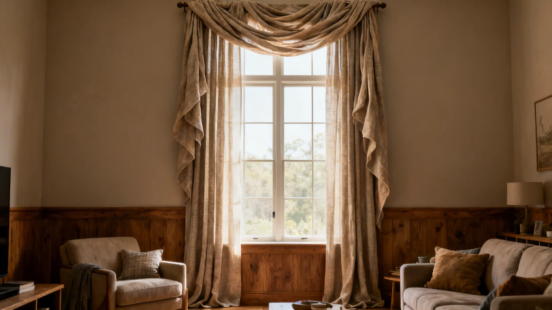 Tall window with a long scarf-draped valance cascading at the sides in a relaxed family room.