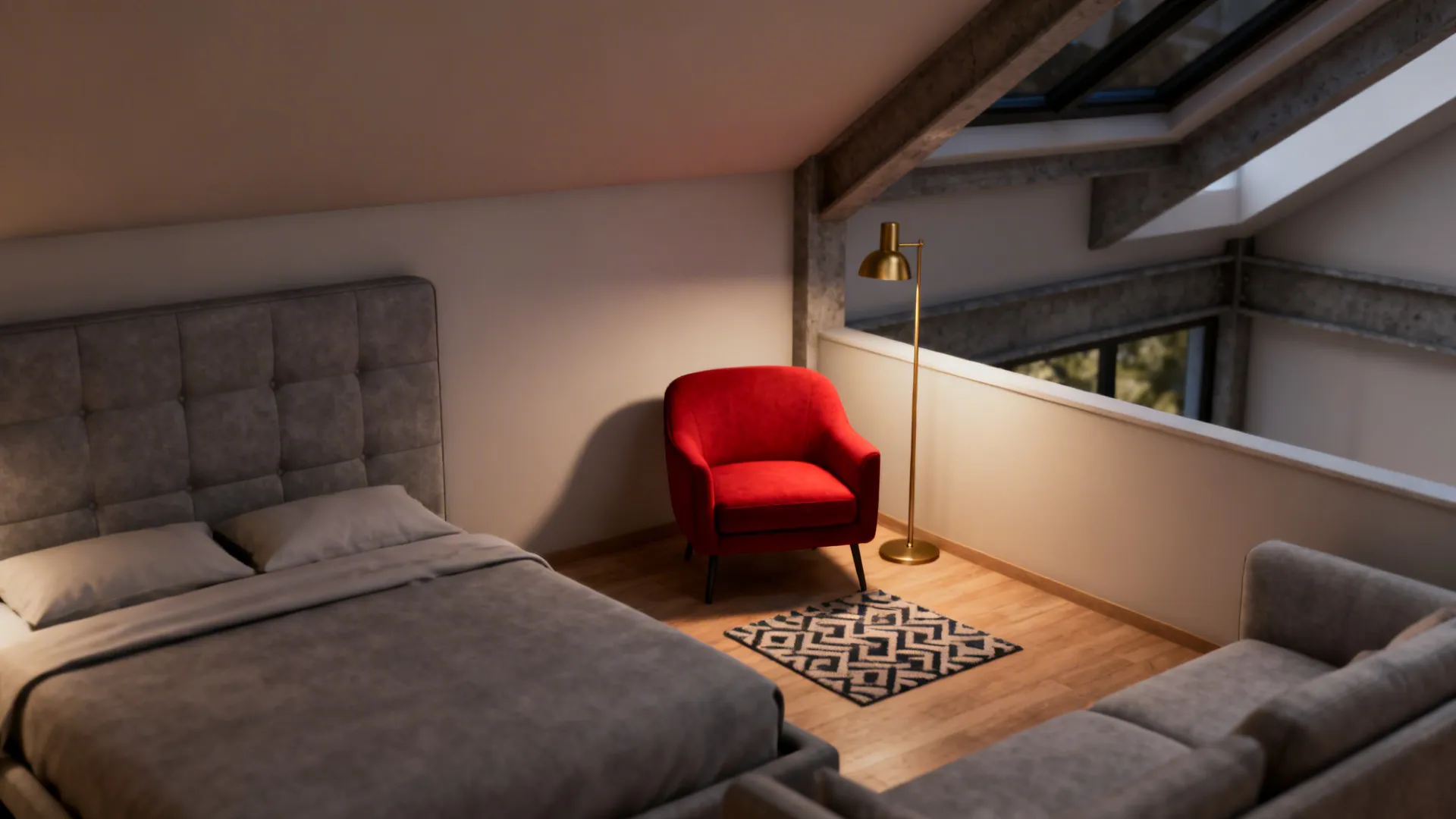 Grey upholstered seating with a scarlet accent chair in the corner and a geometric rug.