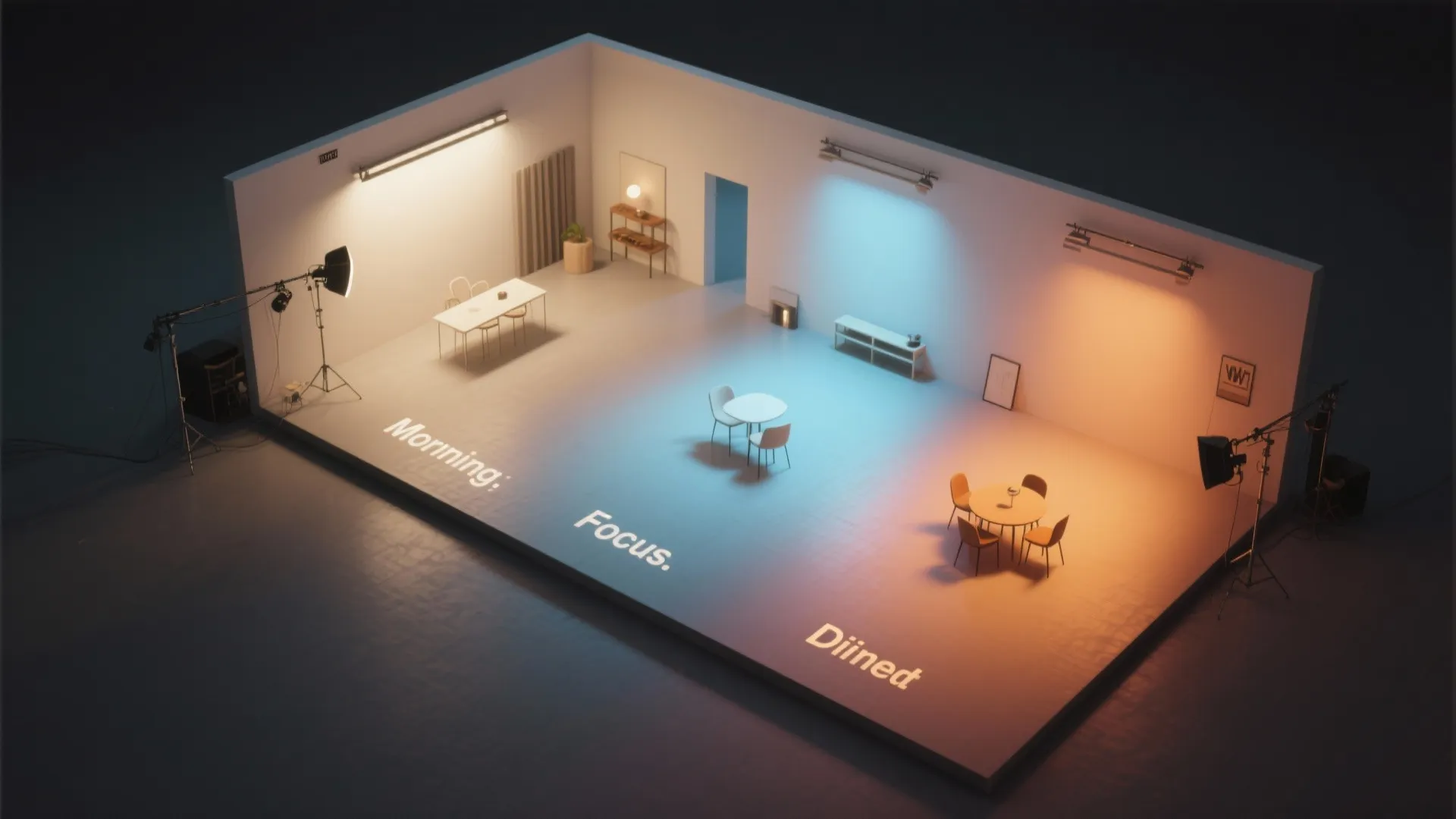Interior design drawing showing room layout with three lighting zones for morning focus and dining