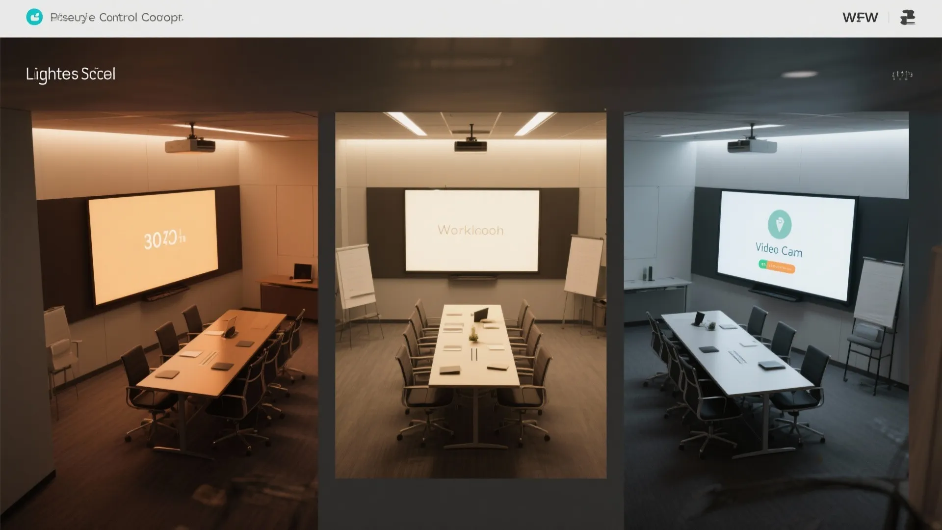 Top-down visualization of three tunable white lighting scenes in a meeting room.