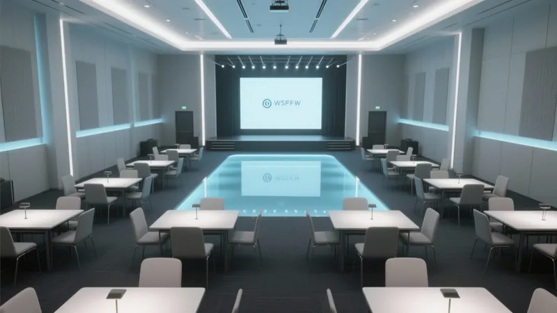 Modern Conference Room with Futuristic Lighting & Brand-Centric Stage