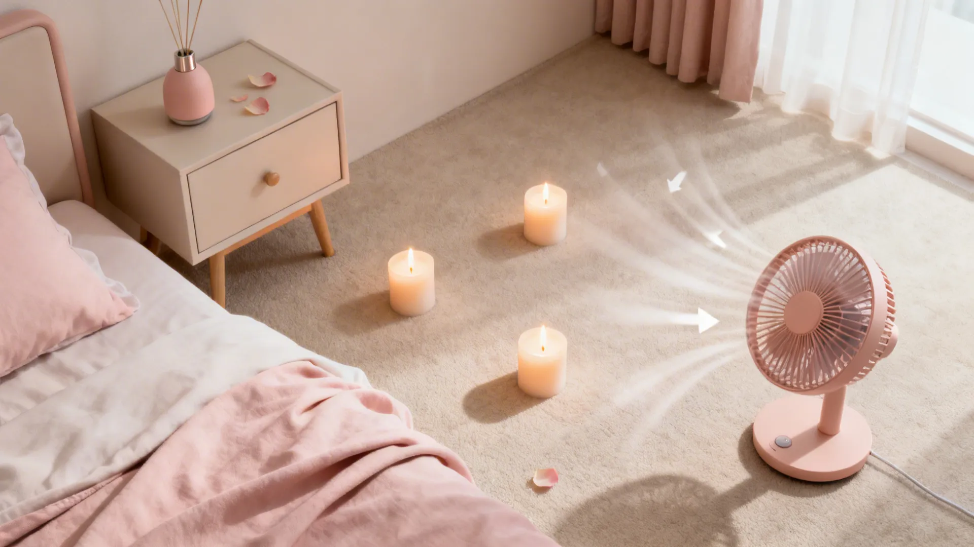 Top-down view of a small bedroom showing LED candles, a diffuser, petals, and a low fan for airflow.