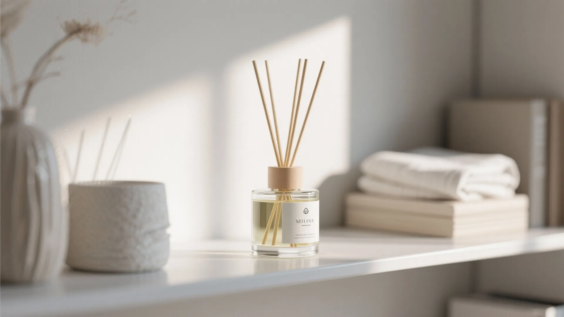 Reed diffuser on office shelf adding a subtle fresh scent