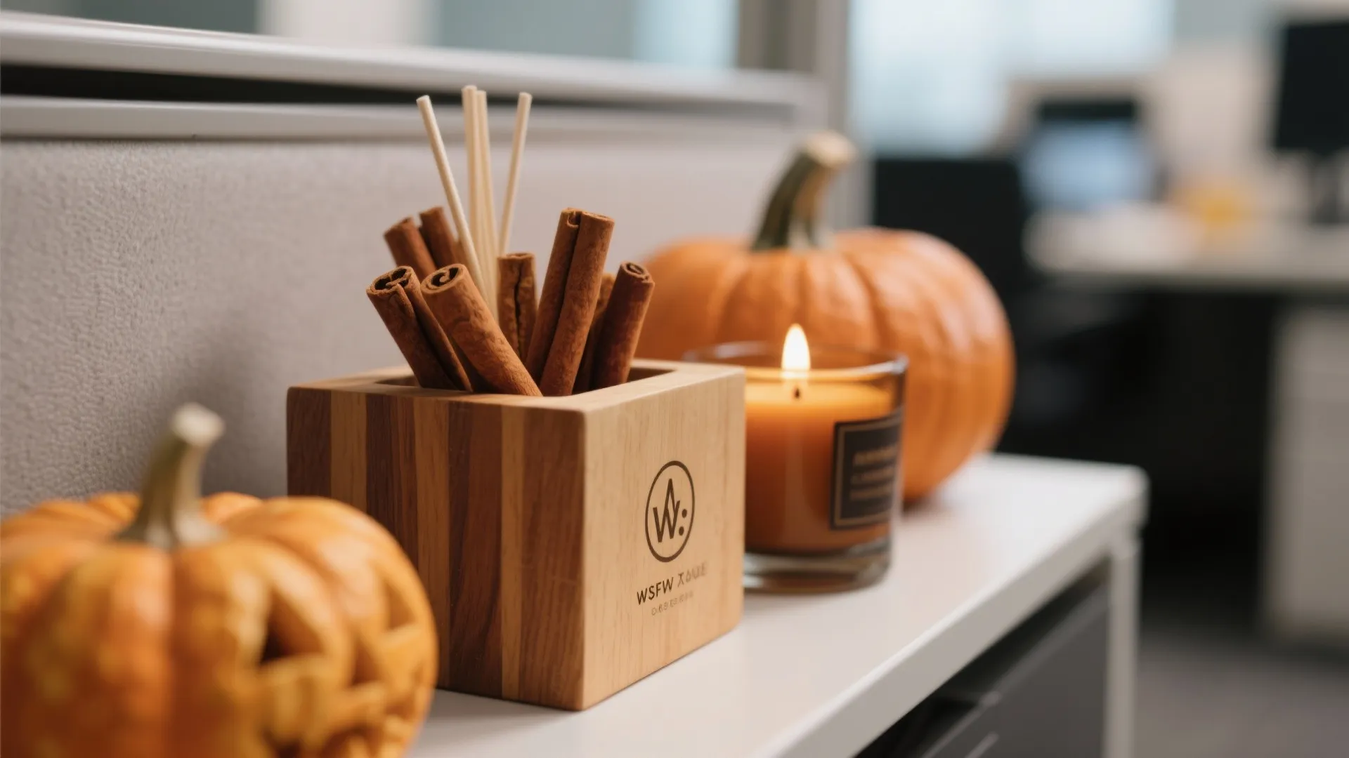 Wooden box with cinnamon sticks lit candle and pumpkins sitting on white office desk surface