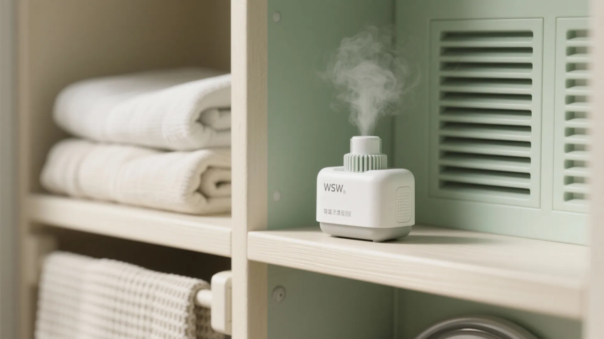 Small white scent diffuser releasing steam inside a wooden cabinet shelf next to folded towels