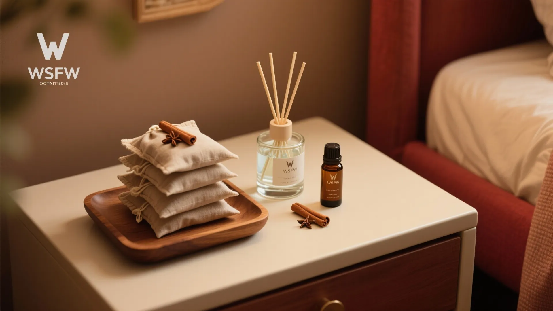 Reed diffuser and essential oil bottle next to small scent bags on wooden tray bedside