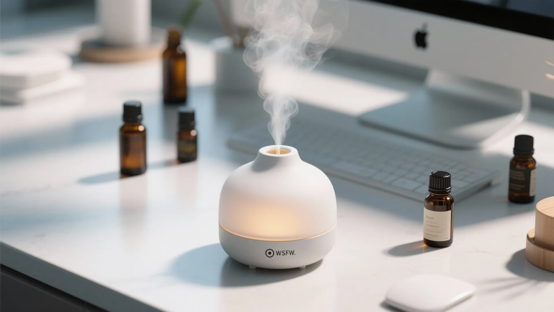 White scent diffuser with steam on a desk next to small glass bottles and monitor