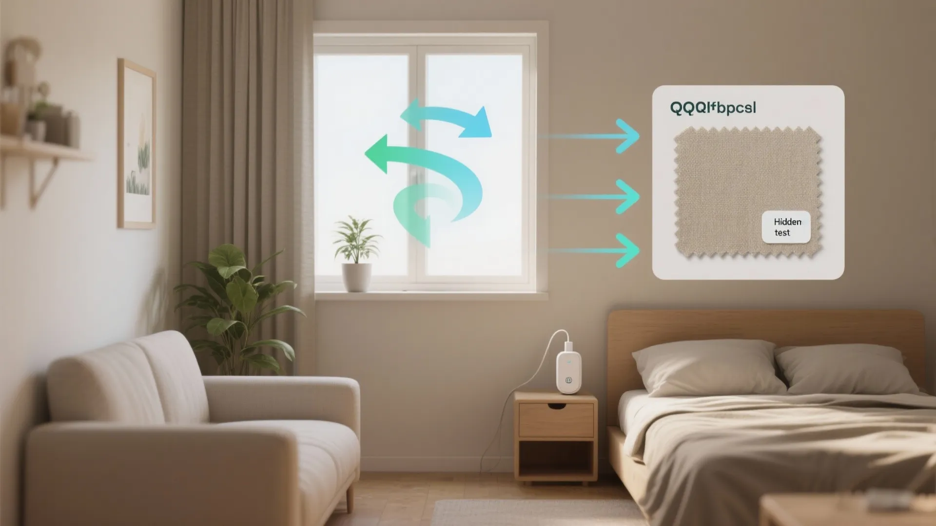 Smart device on nightstand in bedroom with air arrows moving toward a fabric swatch panel