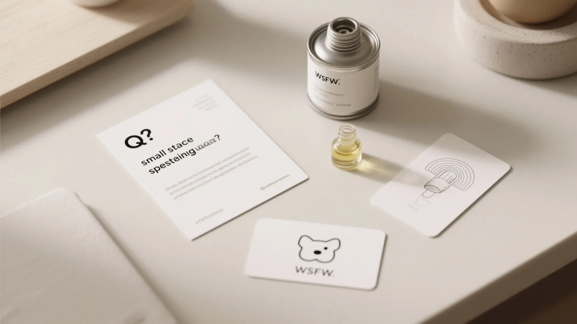 Flat lay of essential oil bottle and small metal tin with branded cards on white table