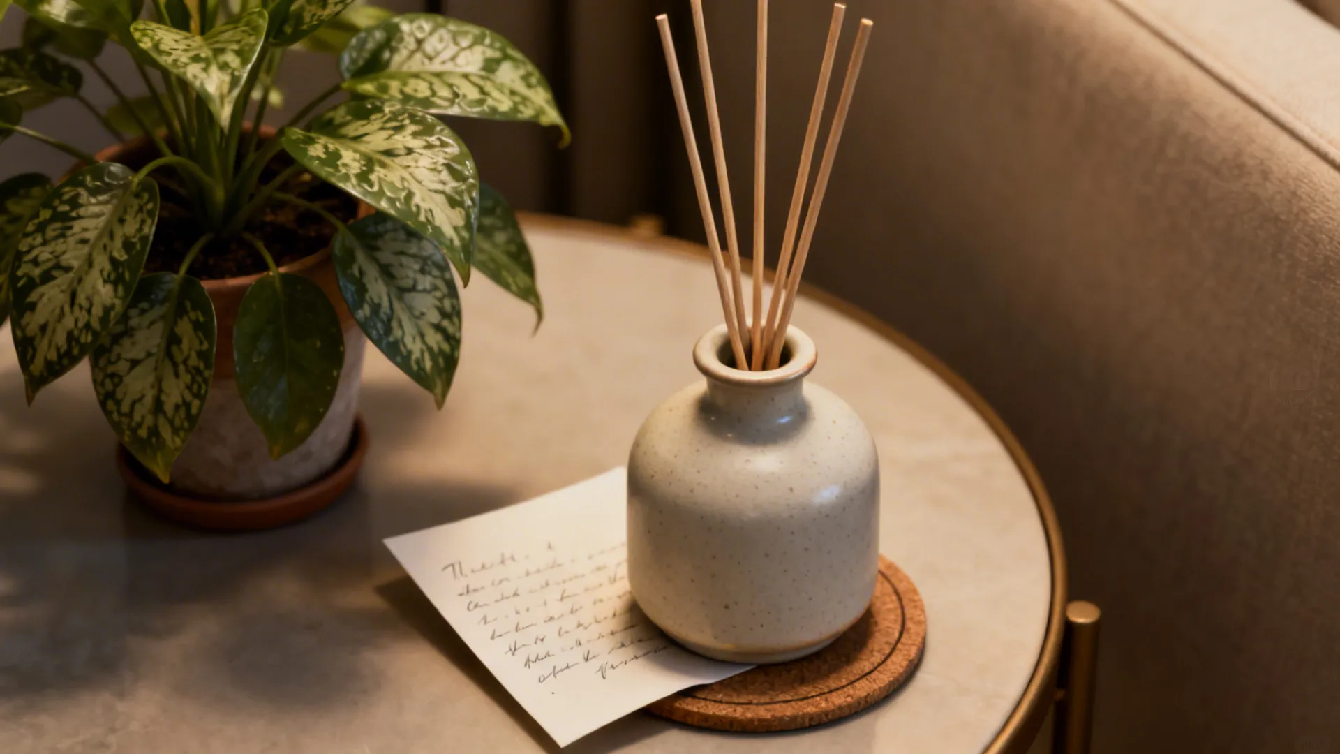 Reed diffuser, small potted plant, and a hidden handwritten note under a coaster in a cozy living room.