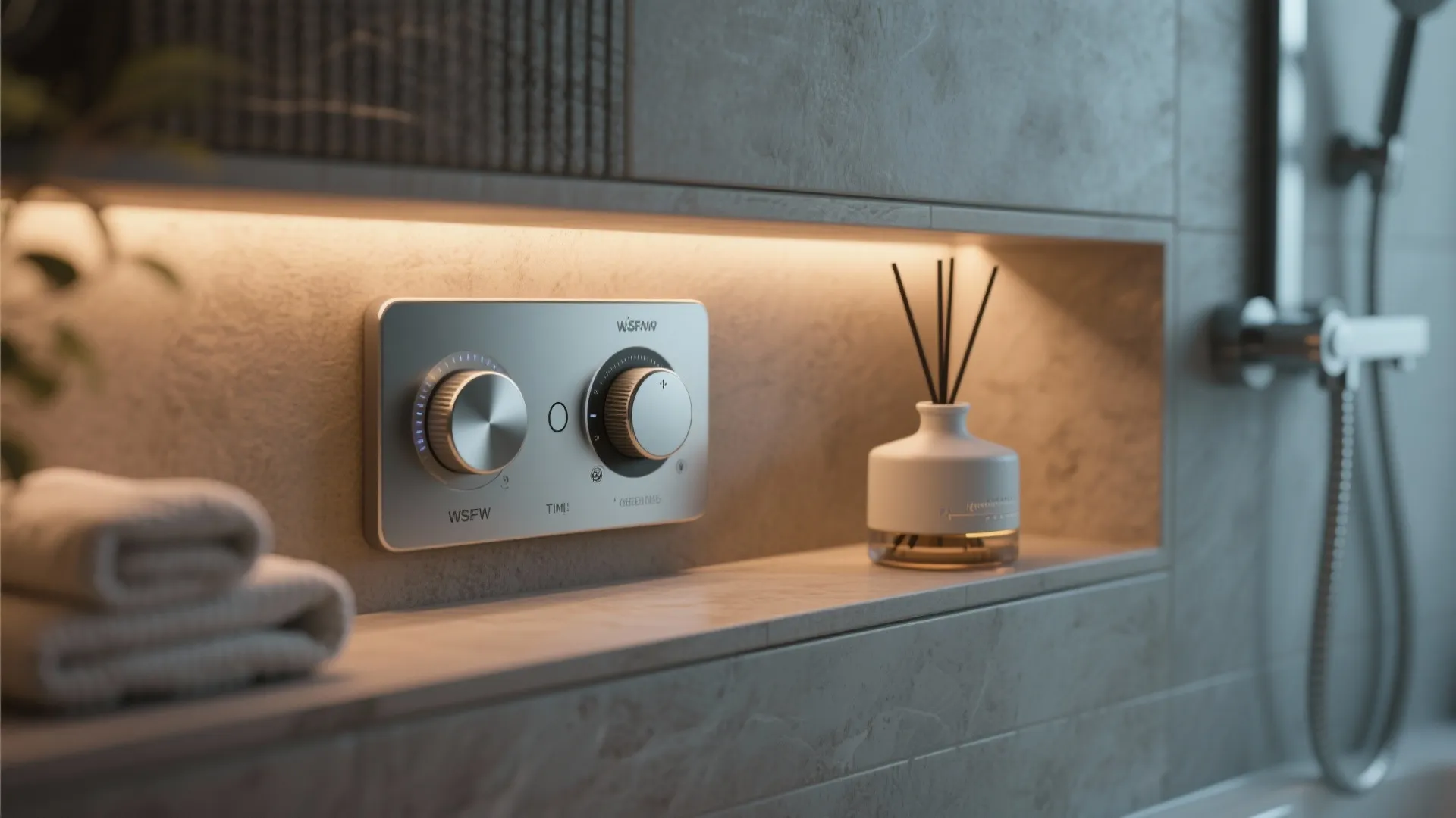 Silver shower control panel with knobs on stone shelf next to a white scent bottle