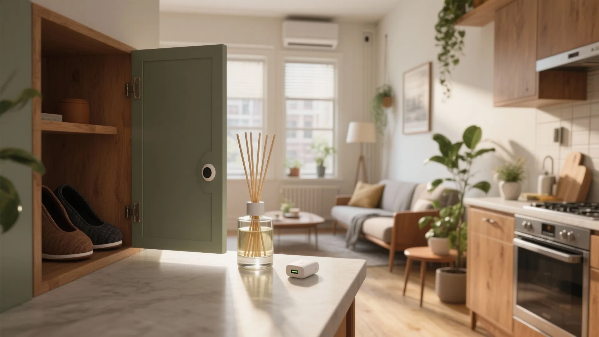 Modern open apartment interior with a green cabinet, kitchen counter, reed diffuser, and cozy sofa