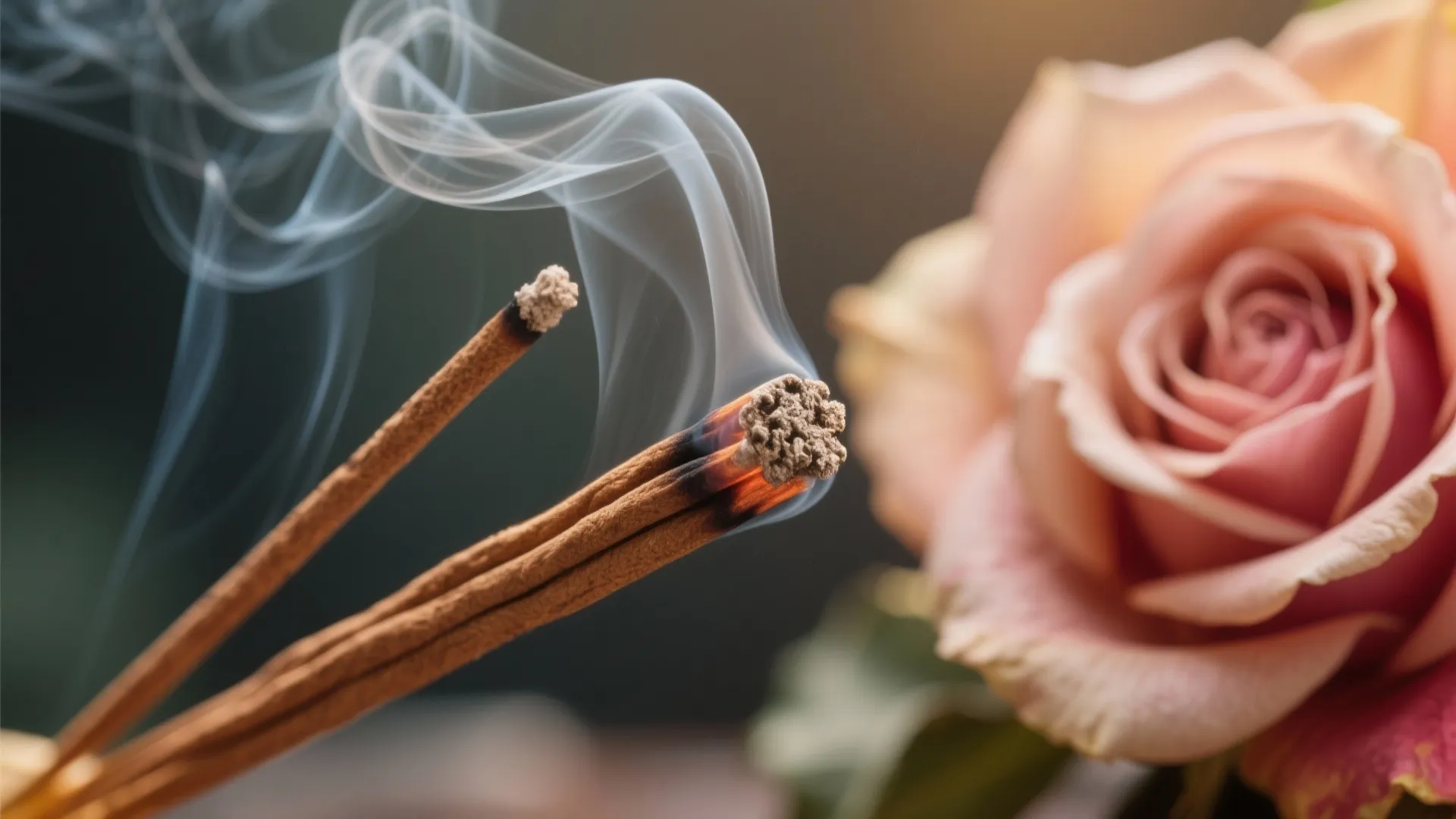 Close-up of sandalwood and rose incense with smoke