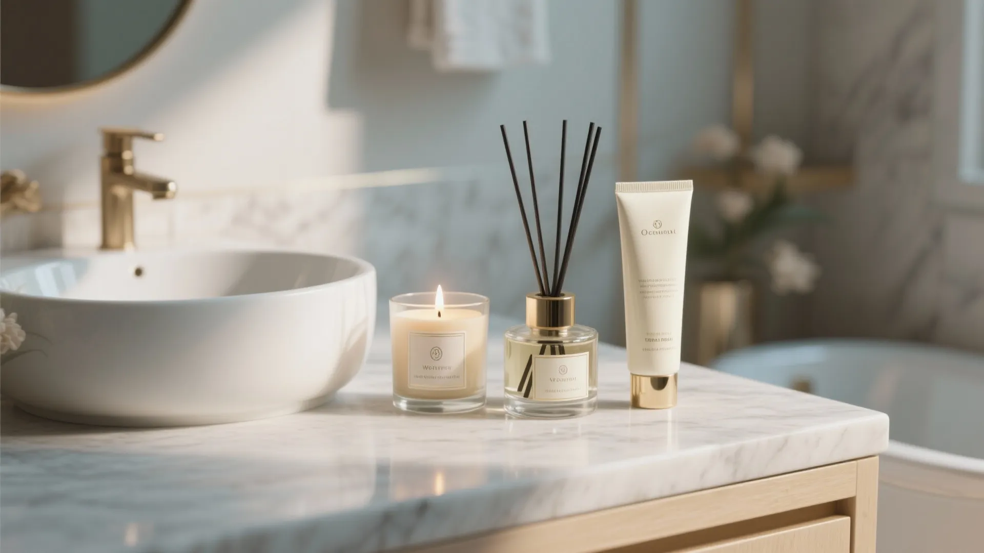 Bathroom sink area with white basin plus scented candle reed diffuser and small cream tube products