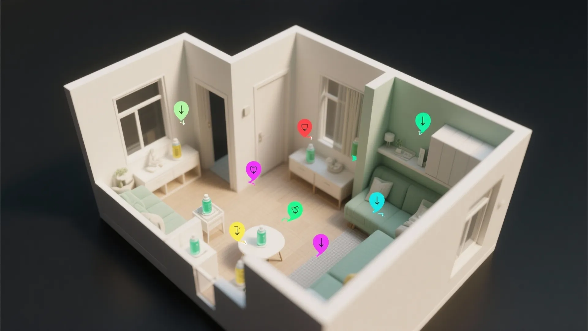Interior design drawing of a small apartment with colorful icons marking specific locations for items