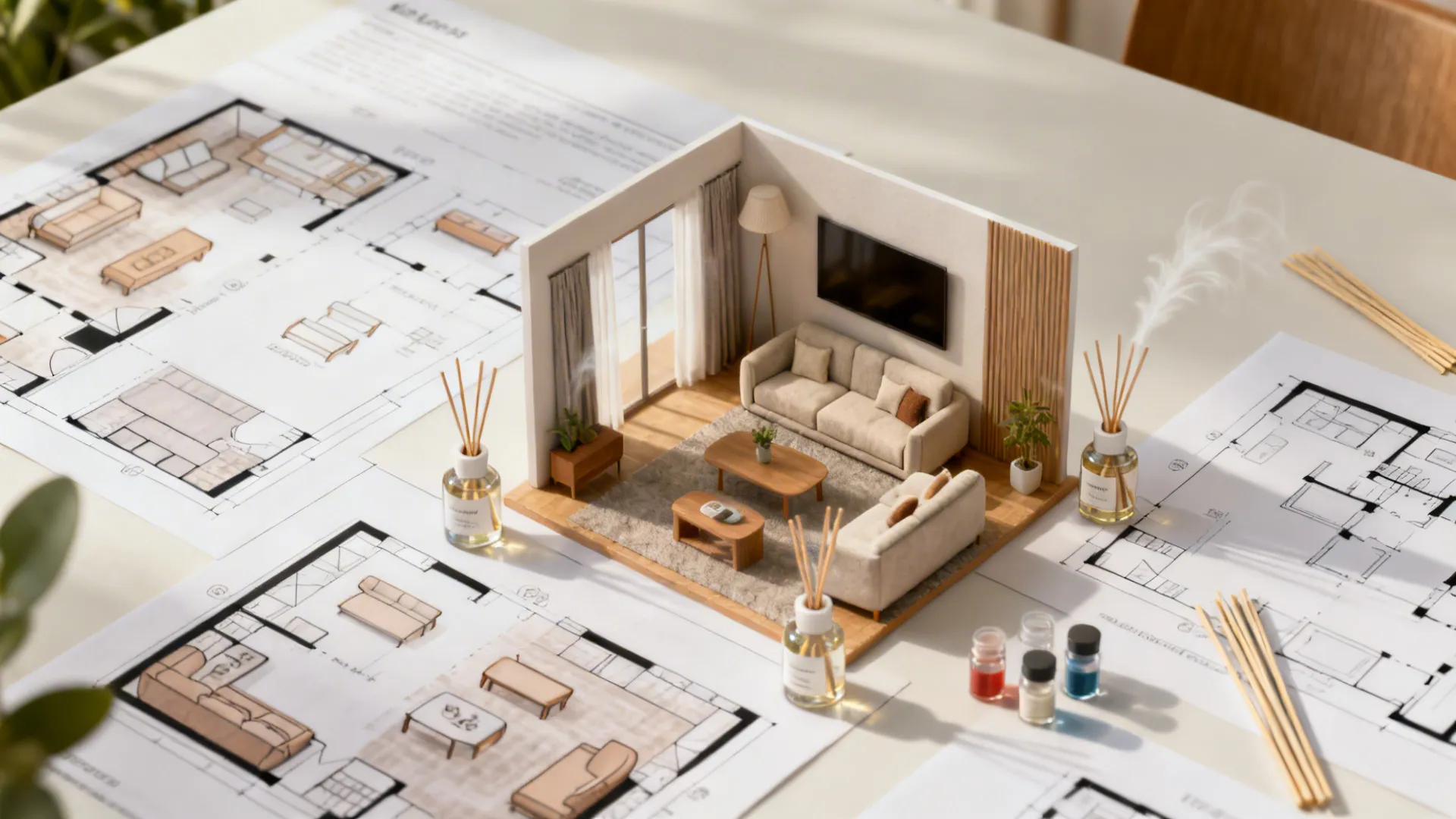 Miniature living room model on floor plan drawings with reed diffusers and essential oil bottles