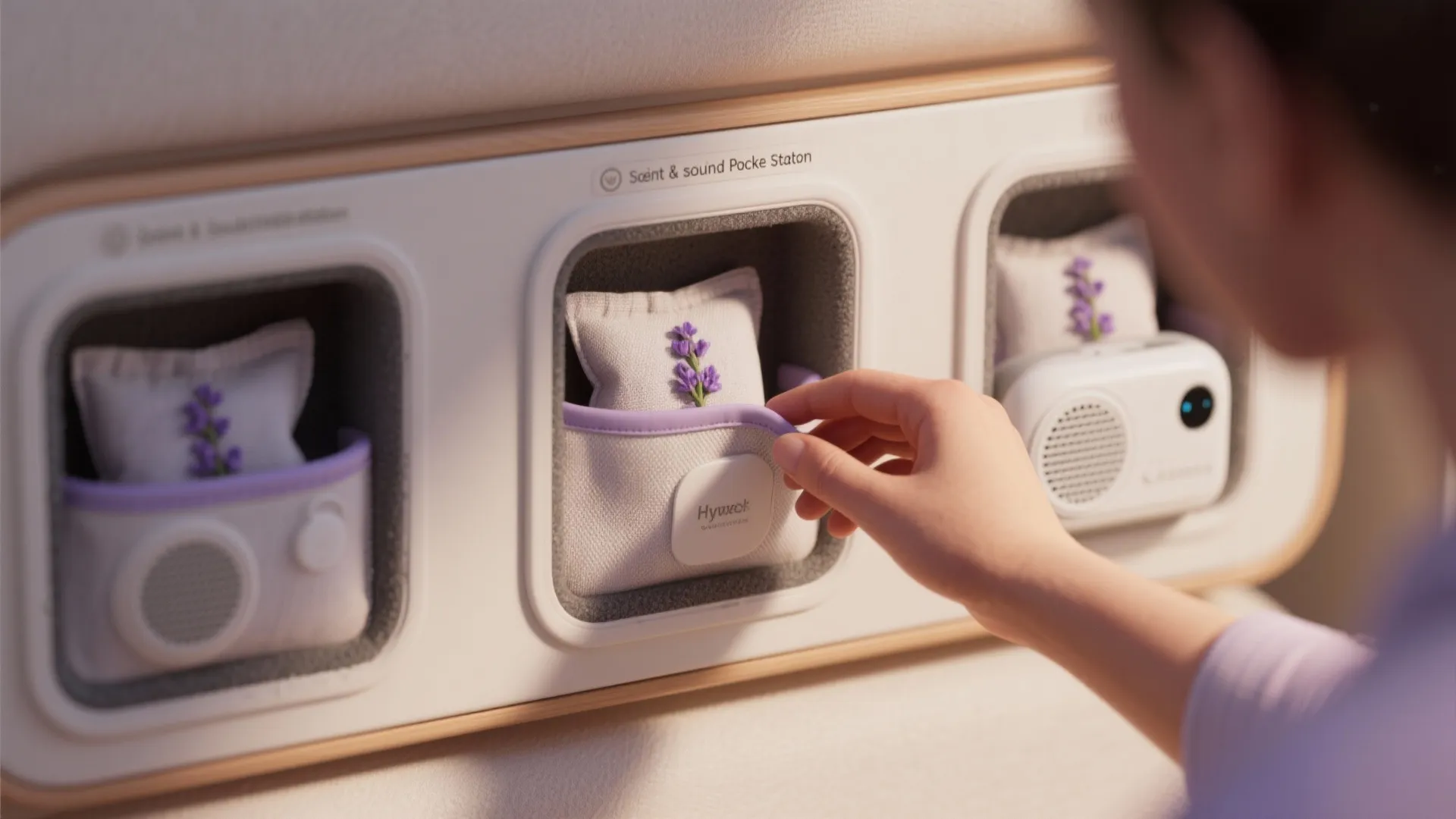 A hand picking a lavender scent bag from a modern white wall mounted storage station