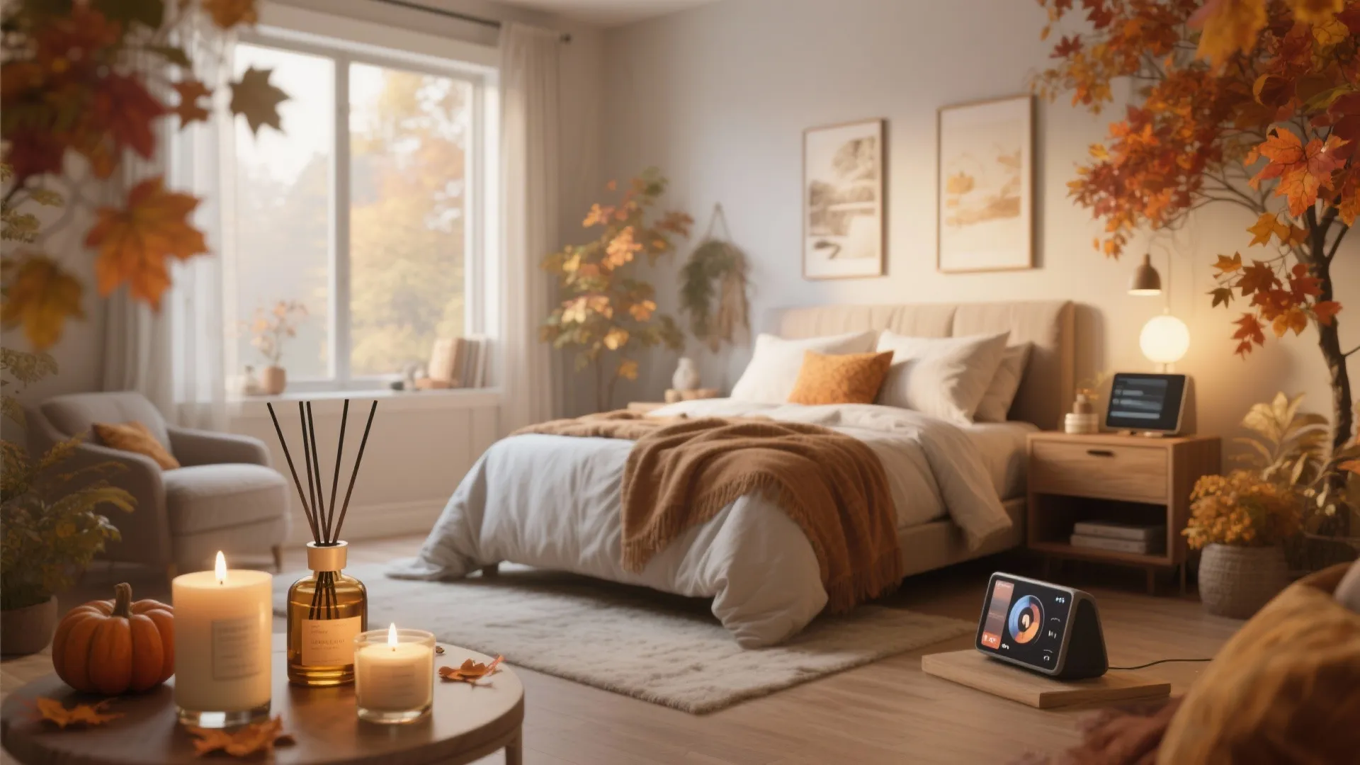 Cozy bedroom with autumn maple leaves scented candles and smart home device on wooden table
