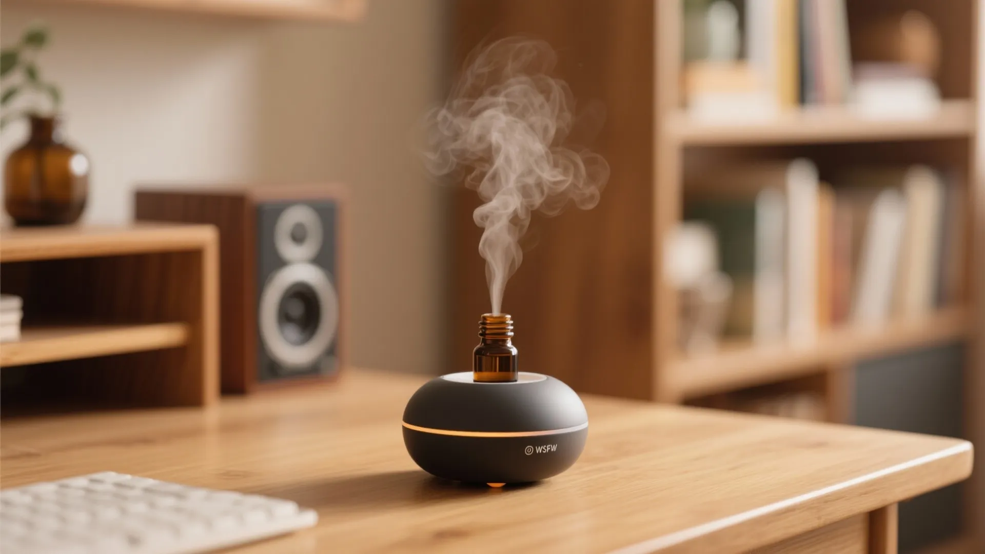 Small black scent diffuser with steam on wooden desk next to speaker and computer keyboard