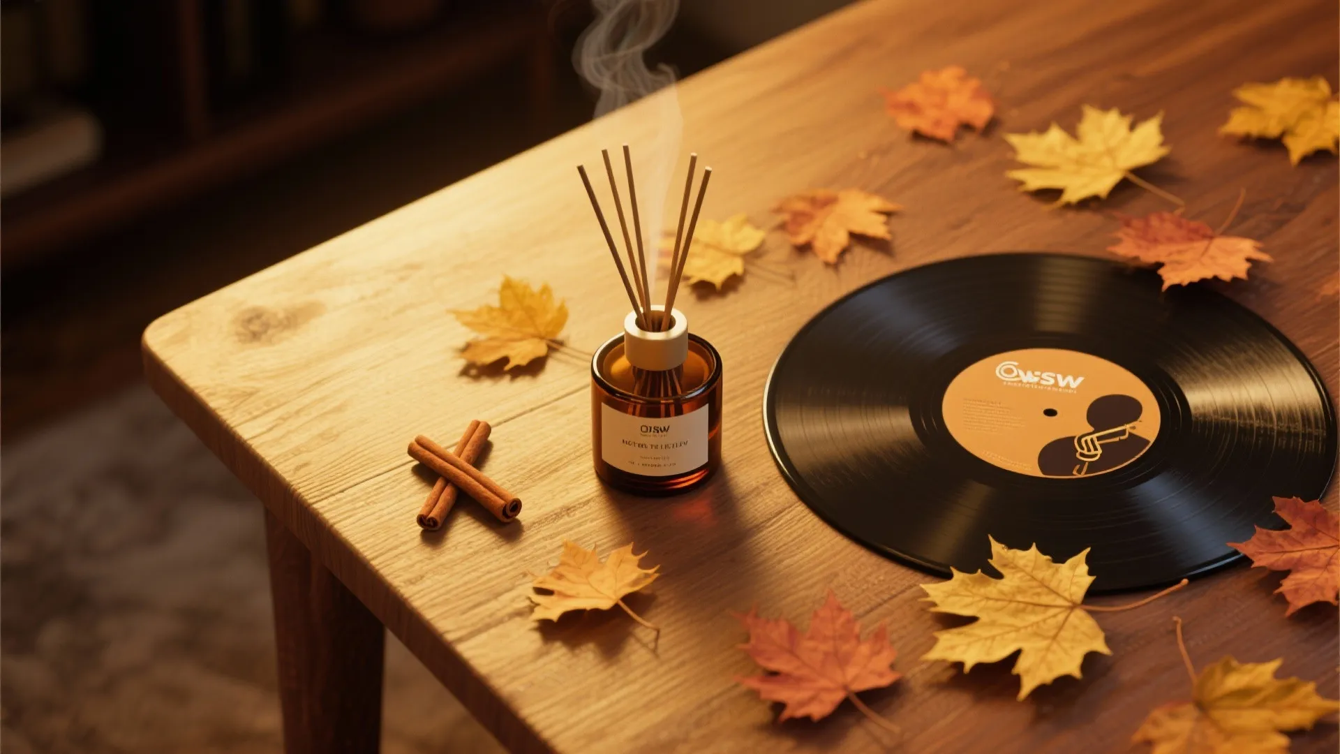 Wooden table with a reed diffuser cinnamon sticks a vinyl record and yellow autumn leaves