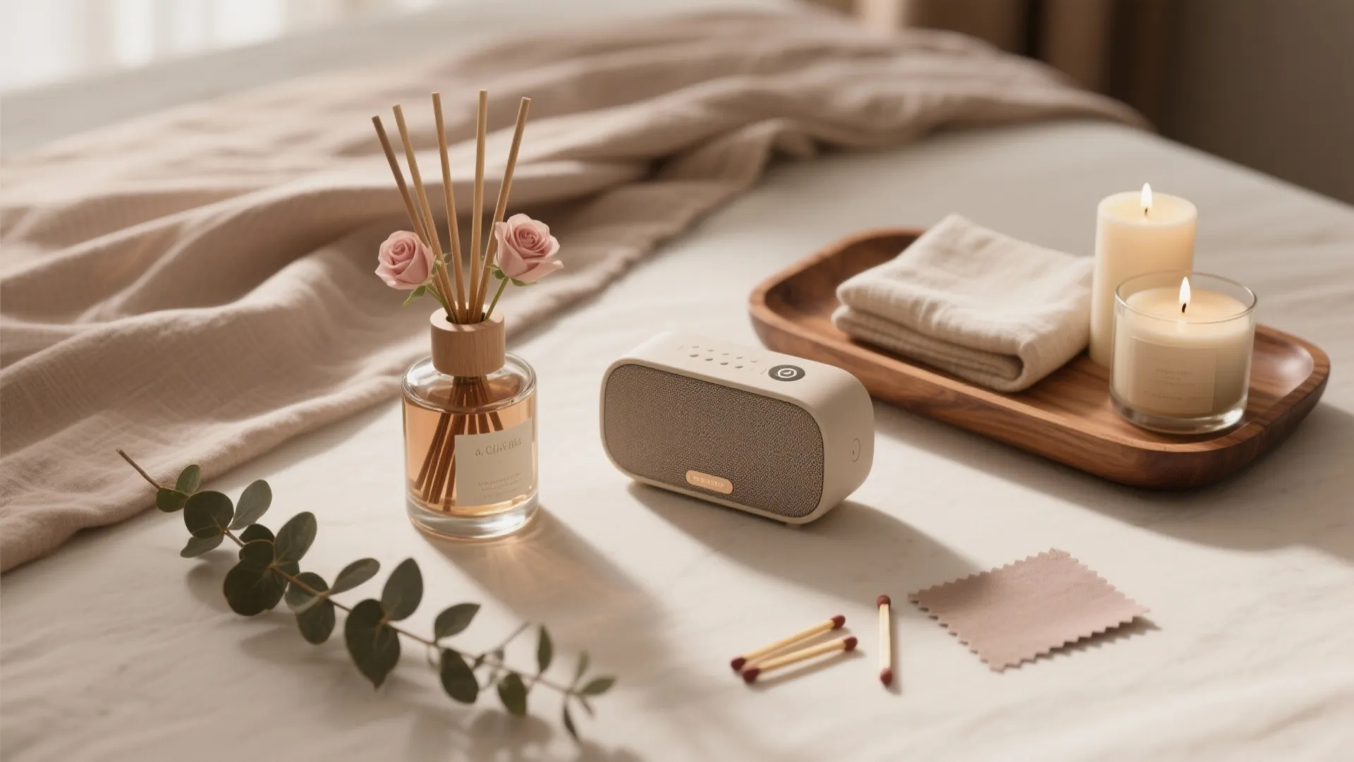 Small speaker beside a scent diffuser and candles on a wooden tray with white fabric
