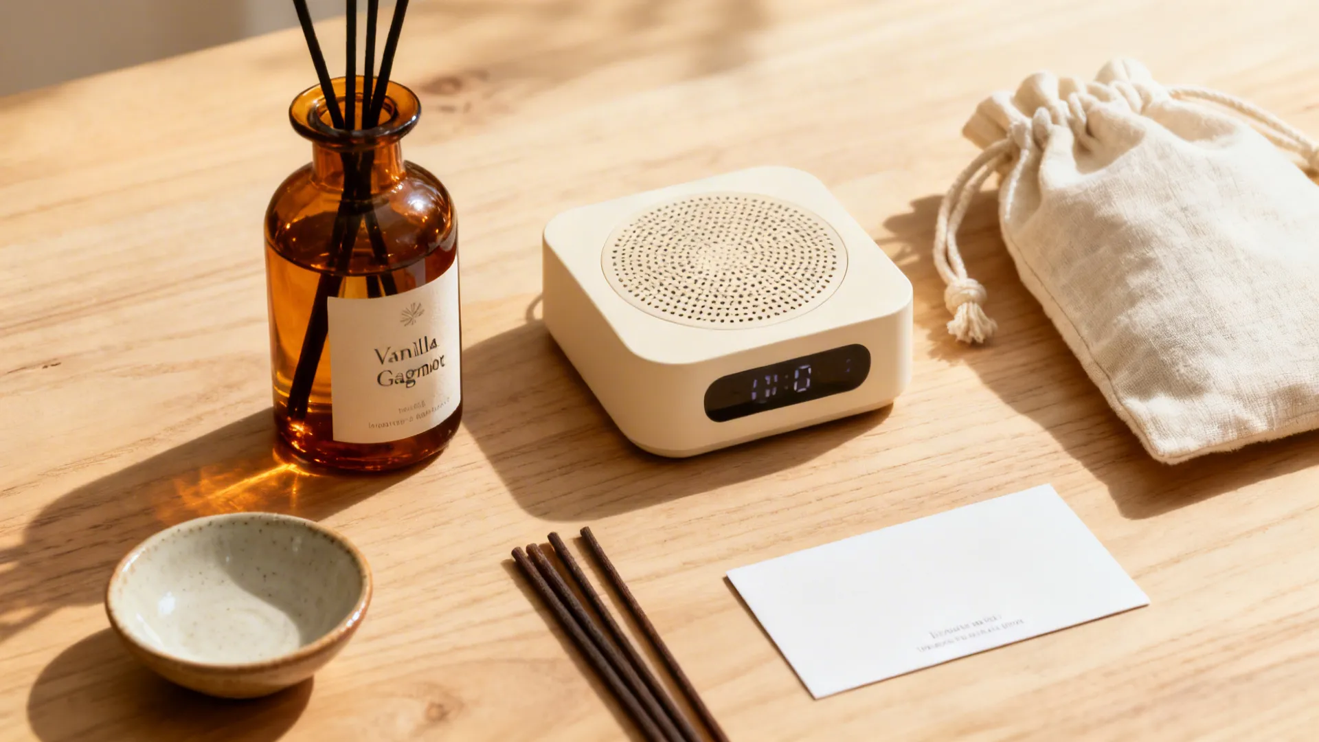 Wooden table holding brown glass bottle diffuser white digital alarm clock white pouch and bowl