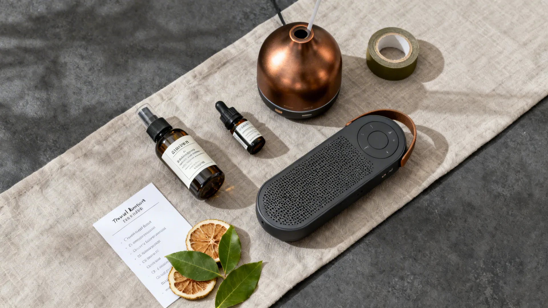 Top-down layout of travel room spray, mini diffuser, and speaker with cedar and bergamot accents.