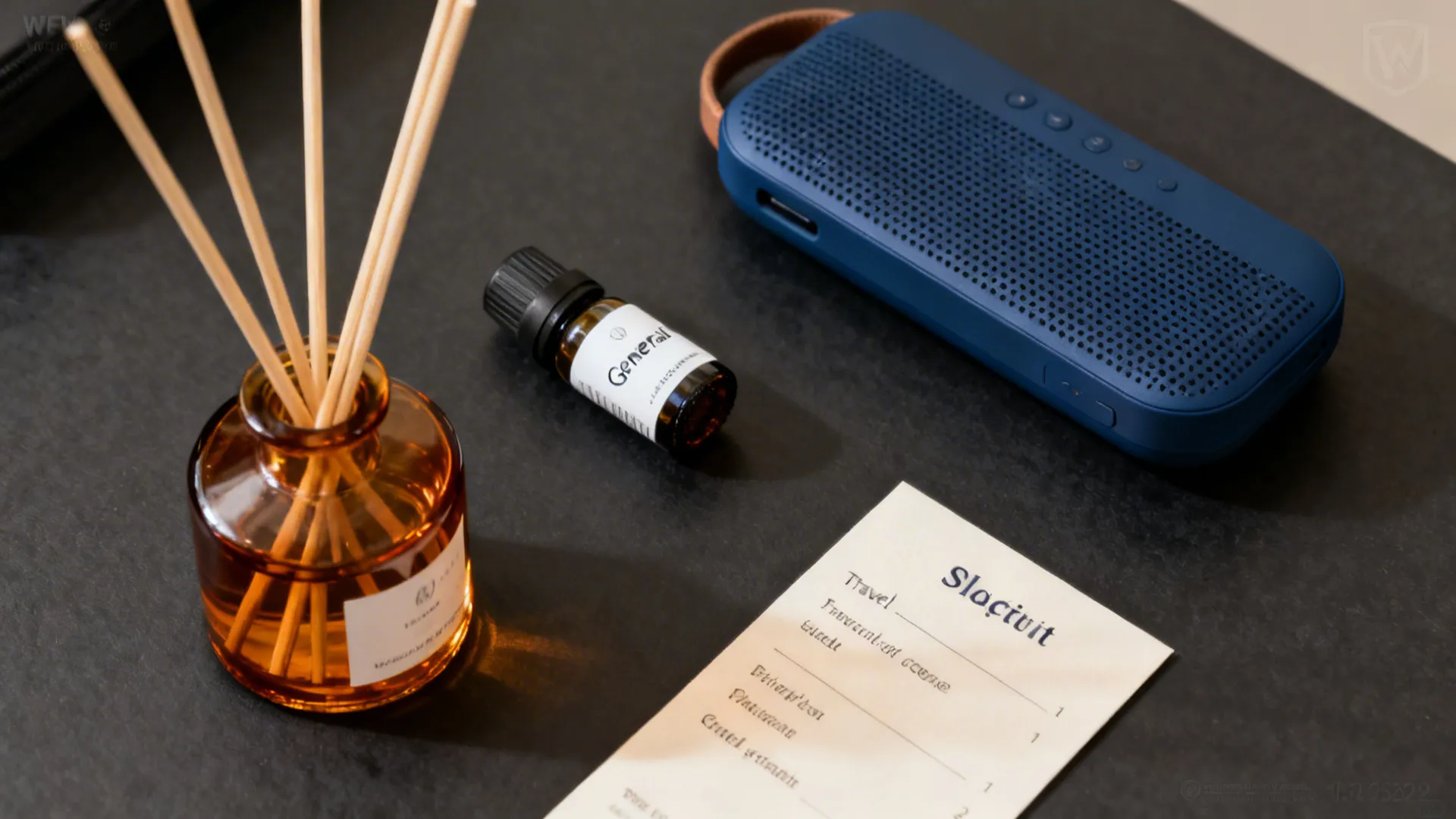 Top-down amber diffuser, small essential oil bottle, and compact speaker arranged on charcoal surface.