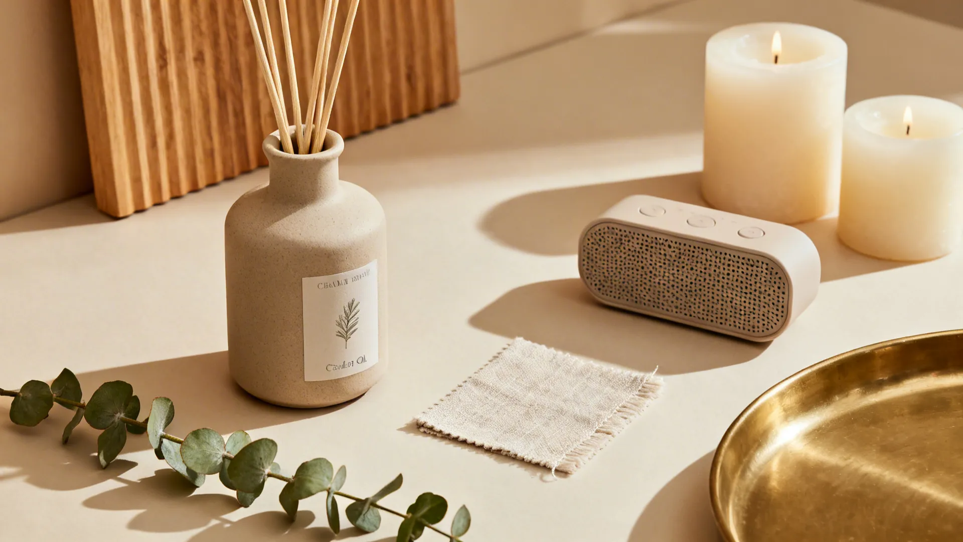 Flat lay with a ceramic diffuser, unscented candles, small speaker, linen swatch, and brass tray in warm neutrals.
