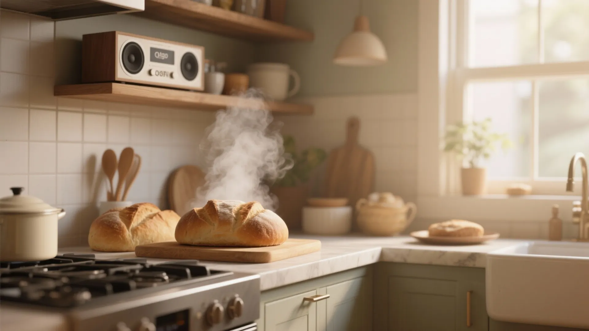 Steaming fresh bread on wooden board in kitchen with white wall tiles and radio shelf