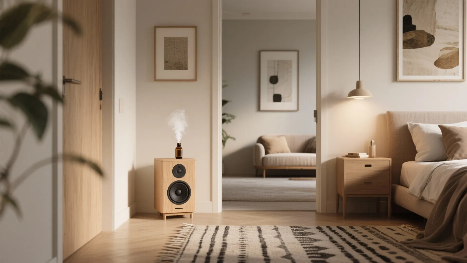 Room layout showing a wooden speaker with steam and a view into the living room