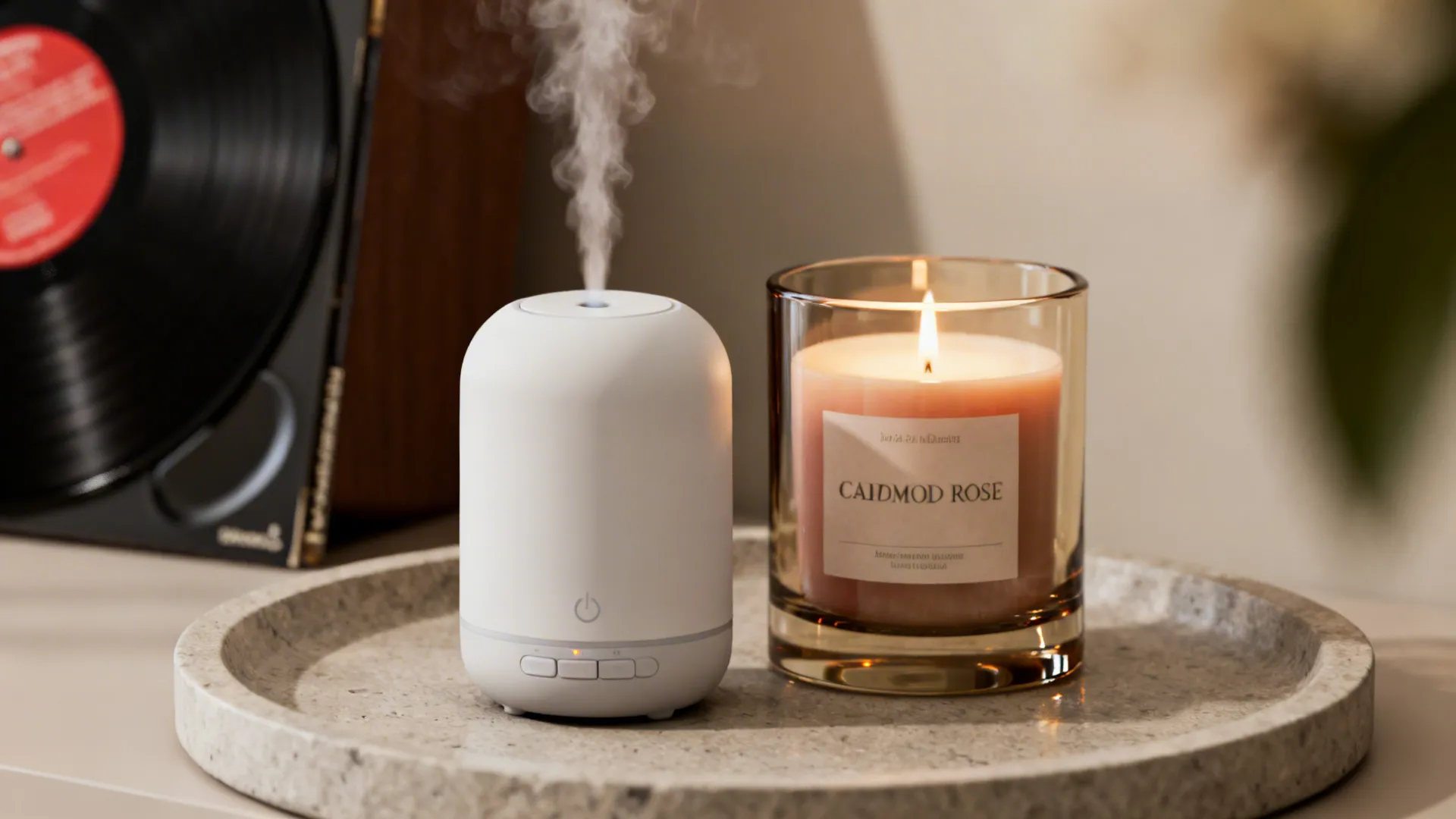 Macro of an essential oil diffuser mist and a candle in a hurricane on a stone tray.