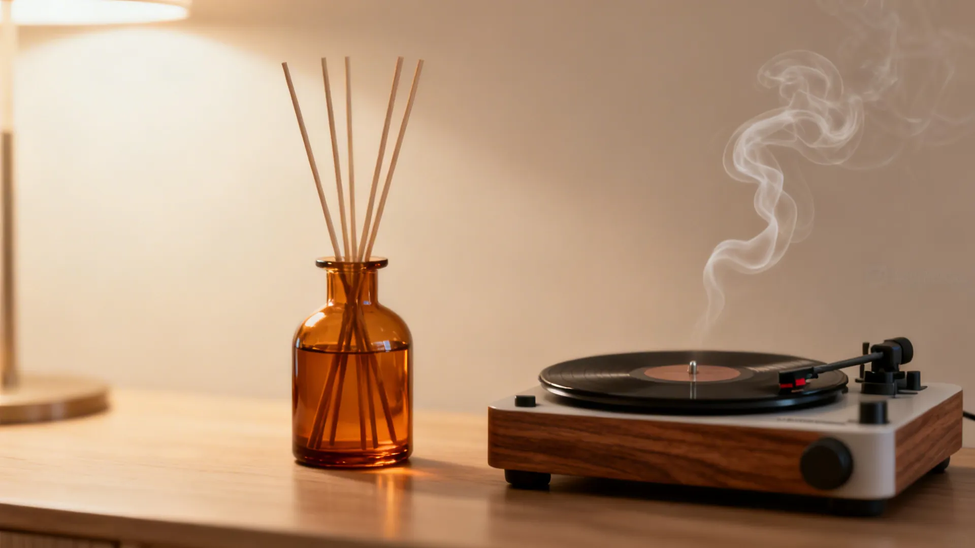 Macro of an amber glass reed diffuser beside a small turntable in warm light.