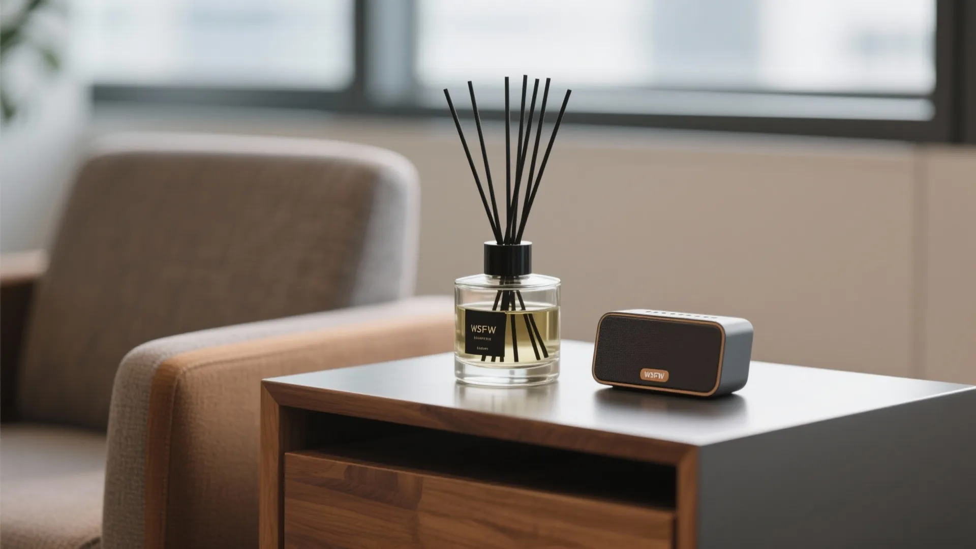 Close-up of a reed diffuser and a small speaker on a wooden table