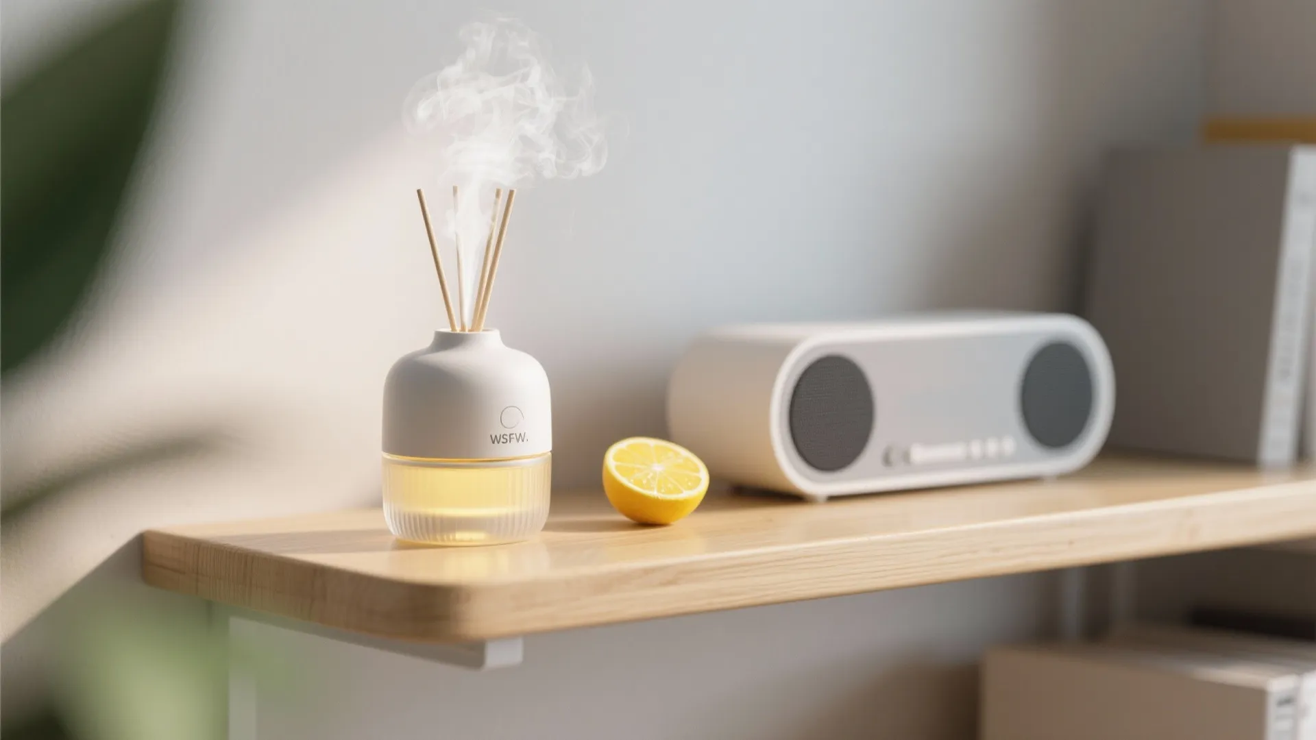 Office aroma diffuser and speaker creating a pleasant vibe