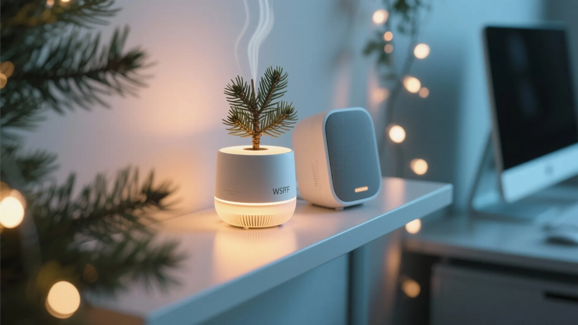 White electronic aroma diffuser and small speaker on shelf with green plant and warm lights