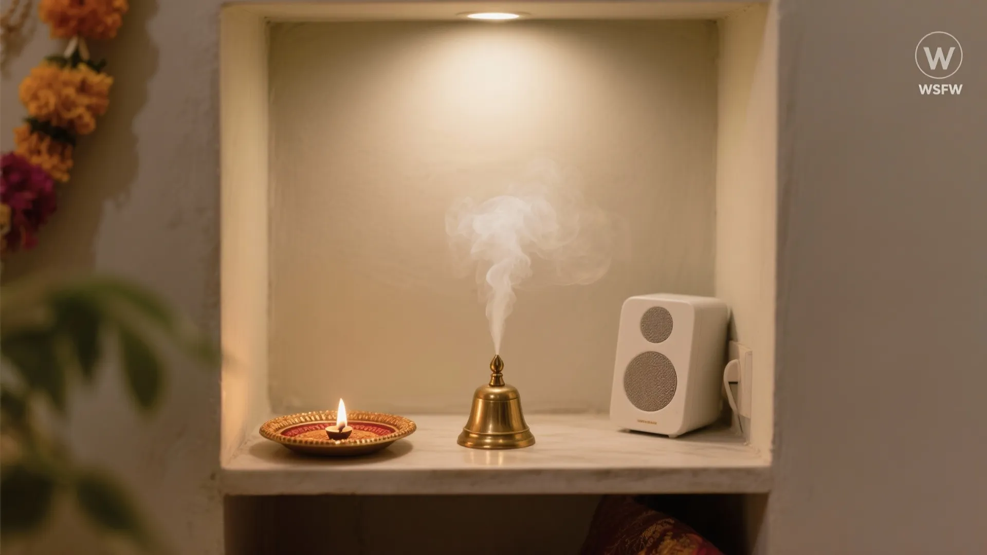 Small wall niche with light fixture holding a smoking incense burner brass plate and white speaker