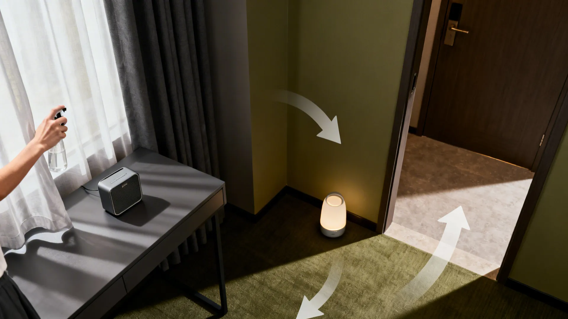 Top-down view showing curtain spritzing and a compact speaker placed on a hotel desk.