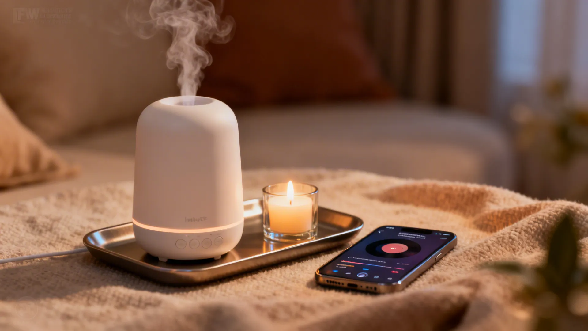Diffuser releasing vapor and a phone playlist nearby, representing scent and sound rituals.