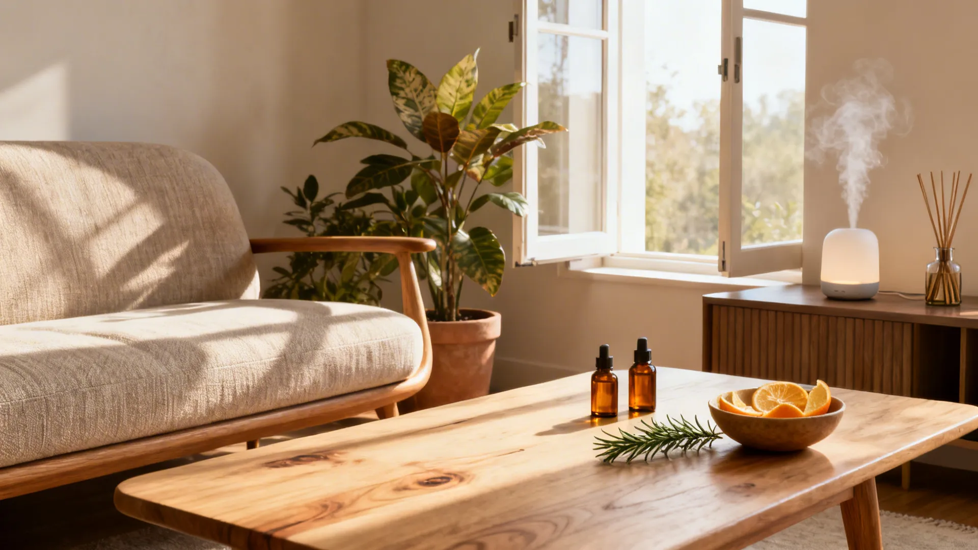 Sunny living room featuring a sofa, wooden coffee table with oranges, and white mist diffuser