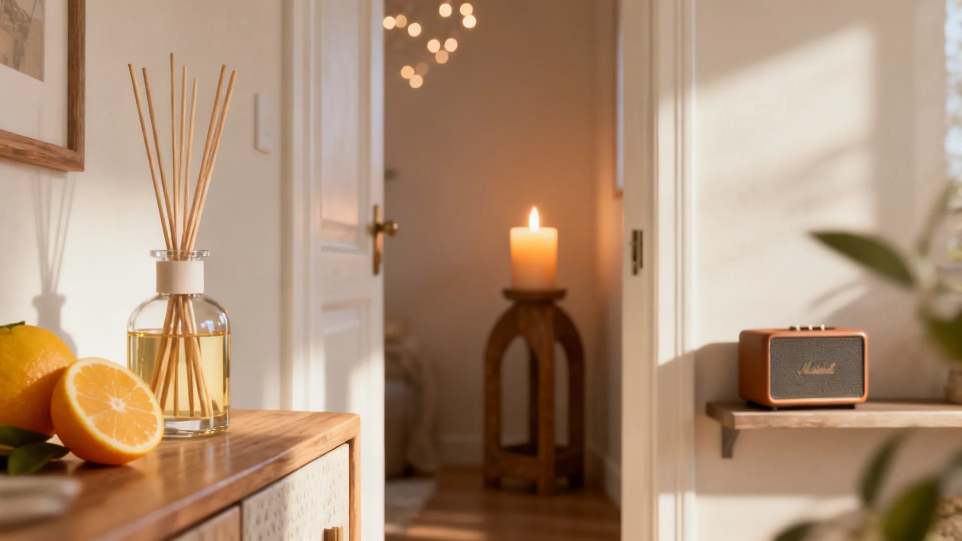 Close-up of a reed diffuser on a console, a candle glow, and a small shelf speaker.